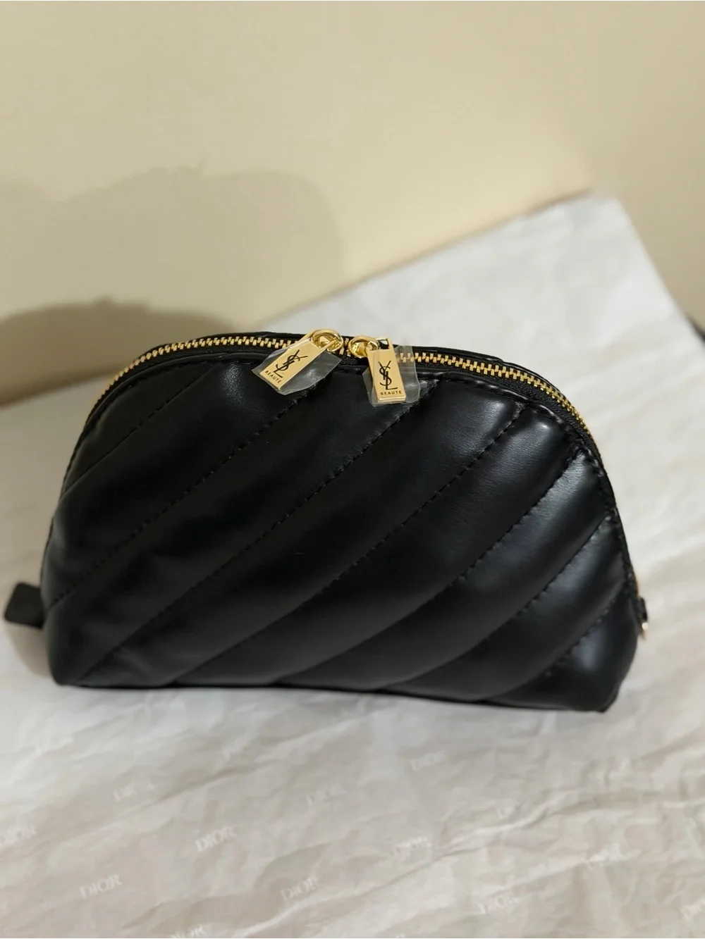 Saint Laurent Black Quilted Leather Zip Cosmetic Case with Gold Hardware
